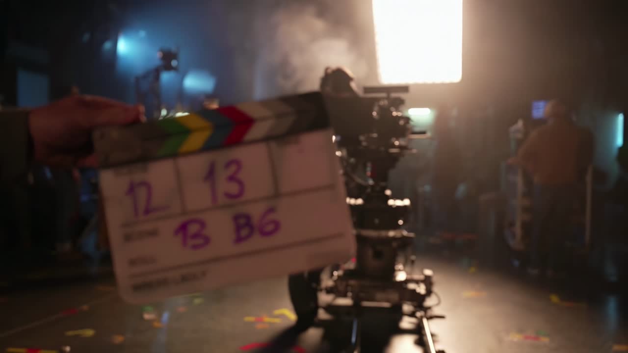 Primo piano di un ciak su un set video in penombra, con una telecamera sullo sfondo.