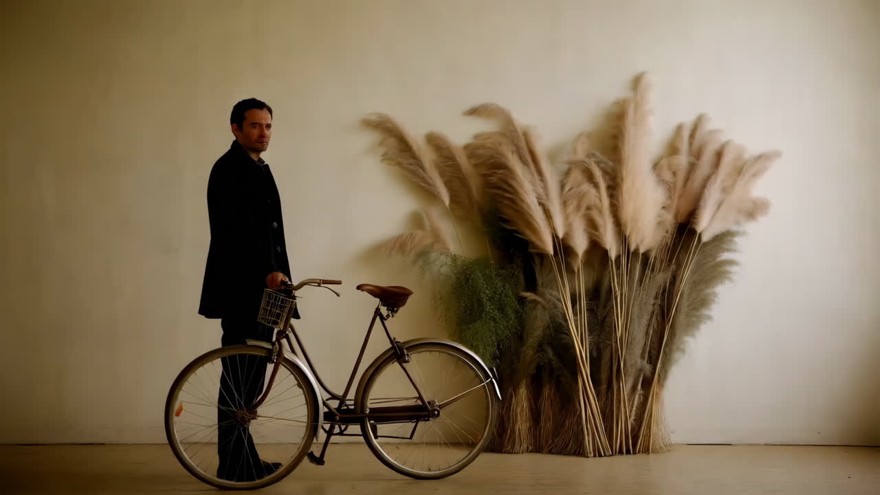 Man Posing with Bicycle and Pampas Grass