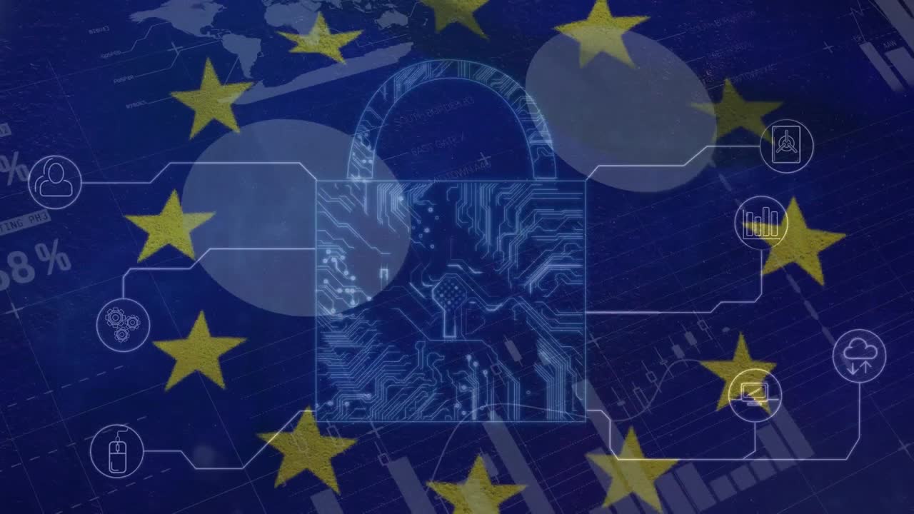 Animazione di un lucchetto, elaborazione dati e bandiera dell'UE