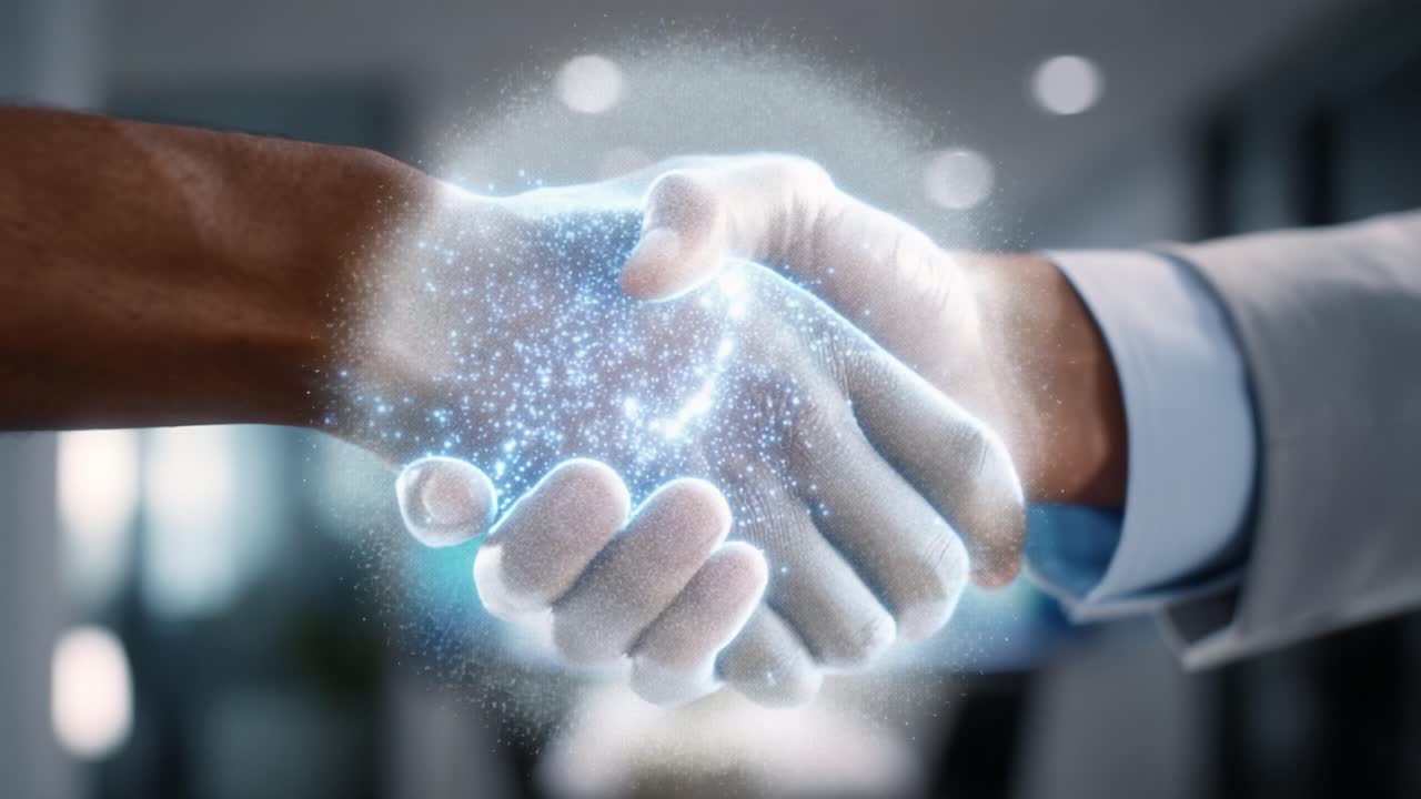 A transformative handshake between two individuals, showcasing a blend of technology and human connection through a sparkling display of cosmic elements and partnership