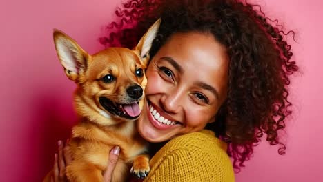 a woman holding a small dog in her arms