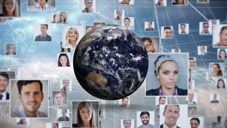 animation of globe with network of connections and business people photos