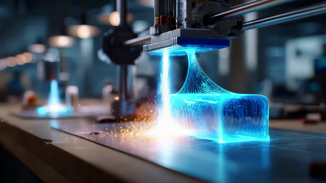 Captivating Visuals of Advanced 3D Printing Technology Showcasing a Glowing Blue Object in Motion with Streams of Light Emphasizing Innovation in Manufacturing Processes