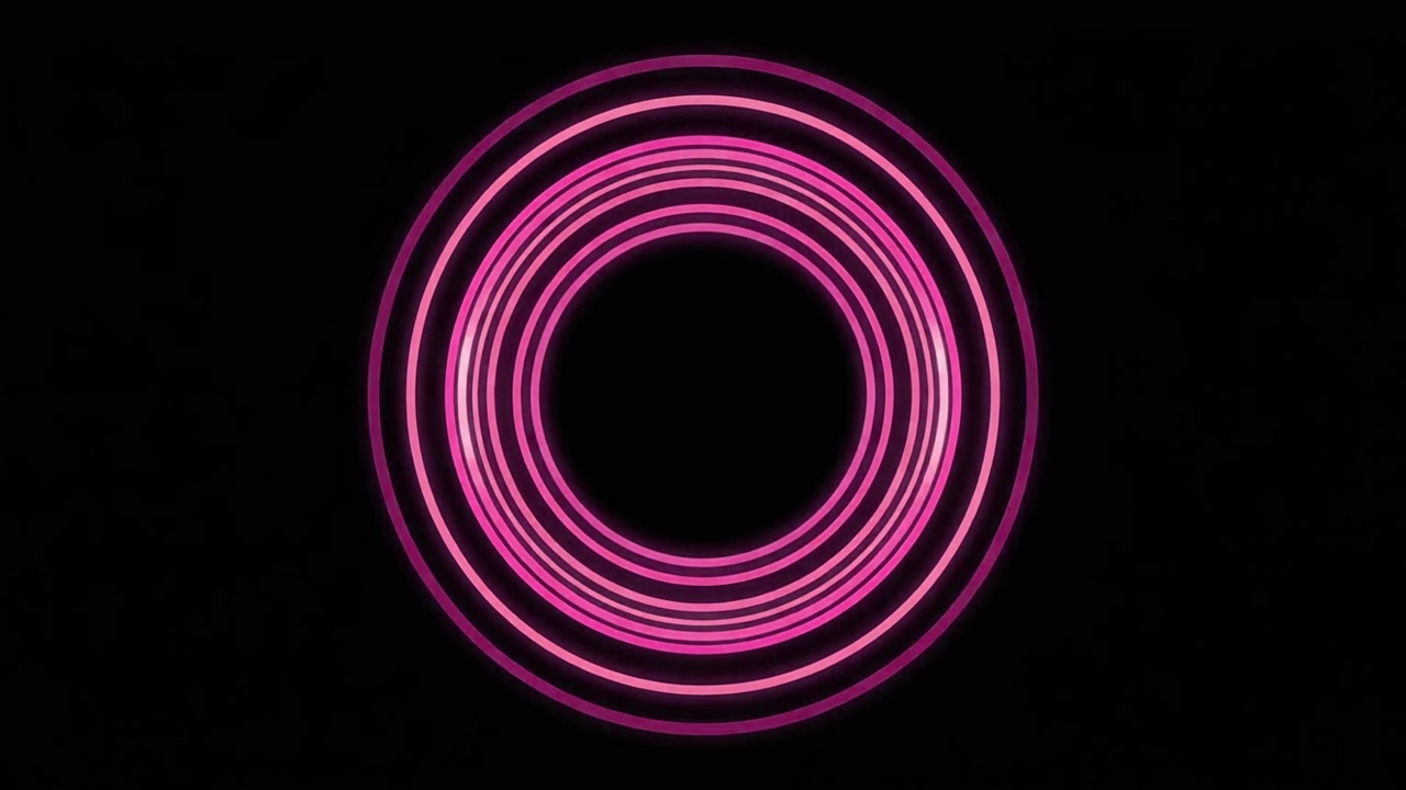 Abstrakt animation af koncentriske lyserøde neoncirkler, der udvider sig på sort baggrund