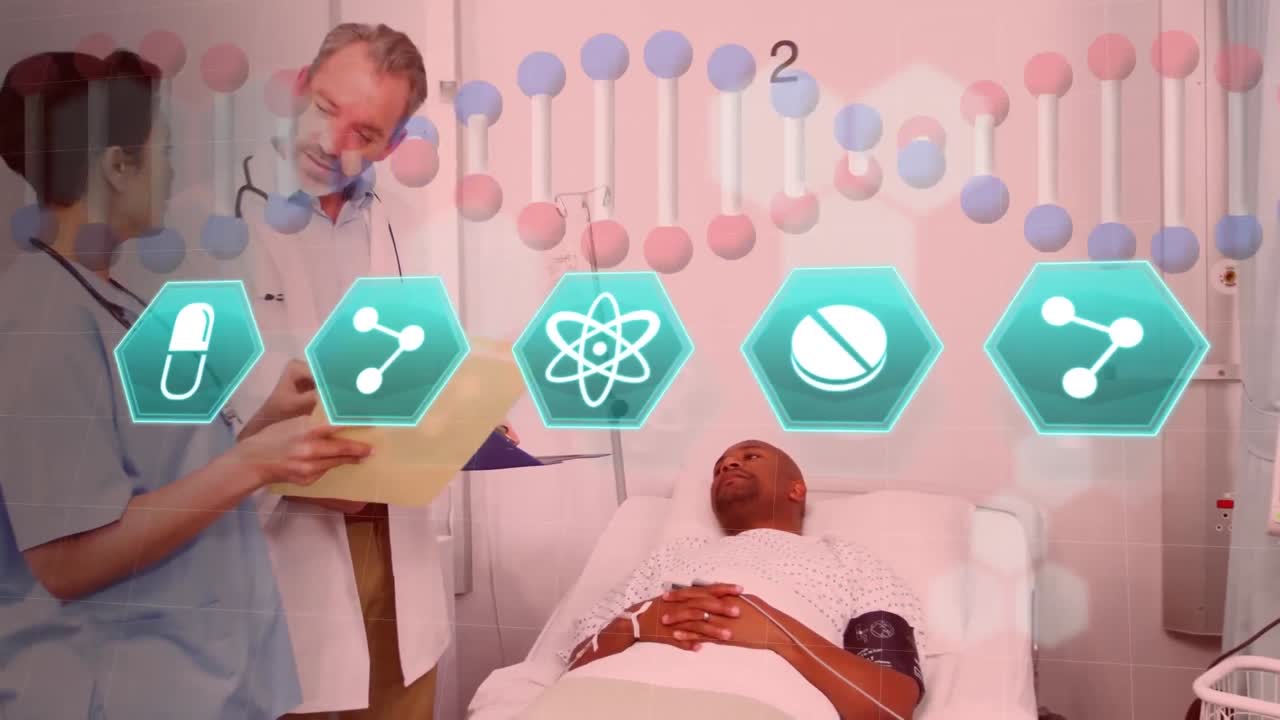 의료 아이콘과 dna 구조를 남성 의사와 여성 의료 종사자 검사 보고서와 비교합니다.