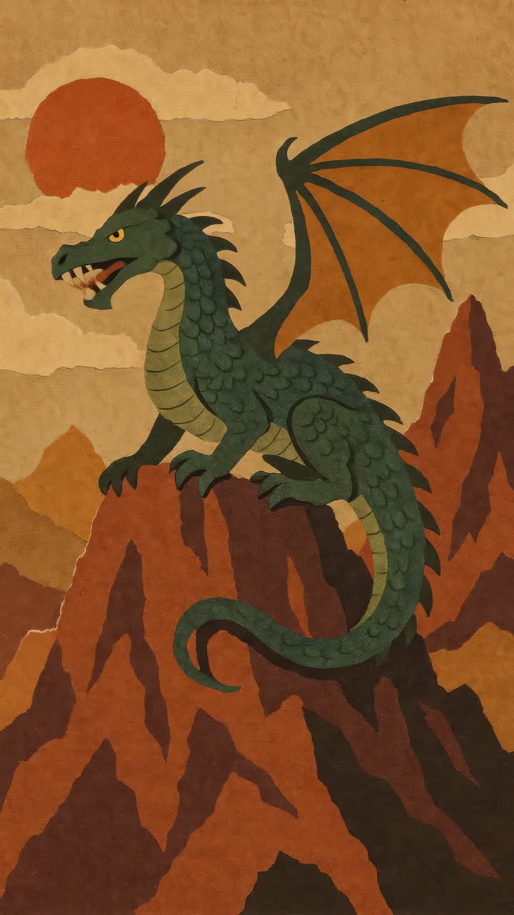 Vue aérienne d'un dragon mythique perché sur une montagne, stylisé en art du papier vintage.