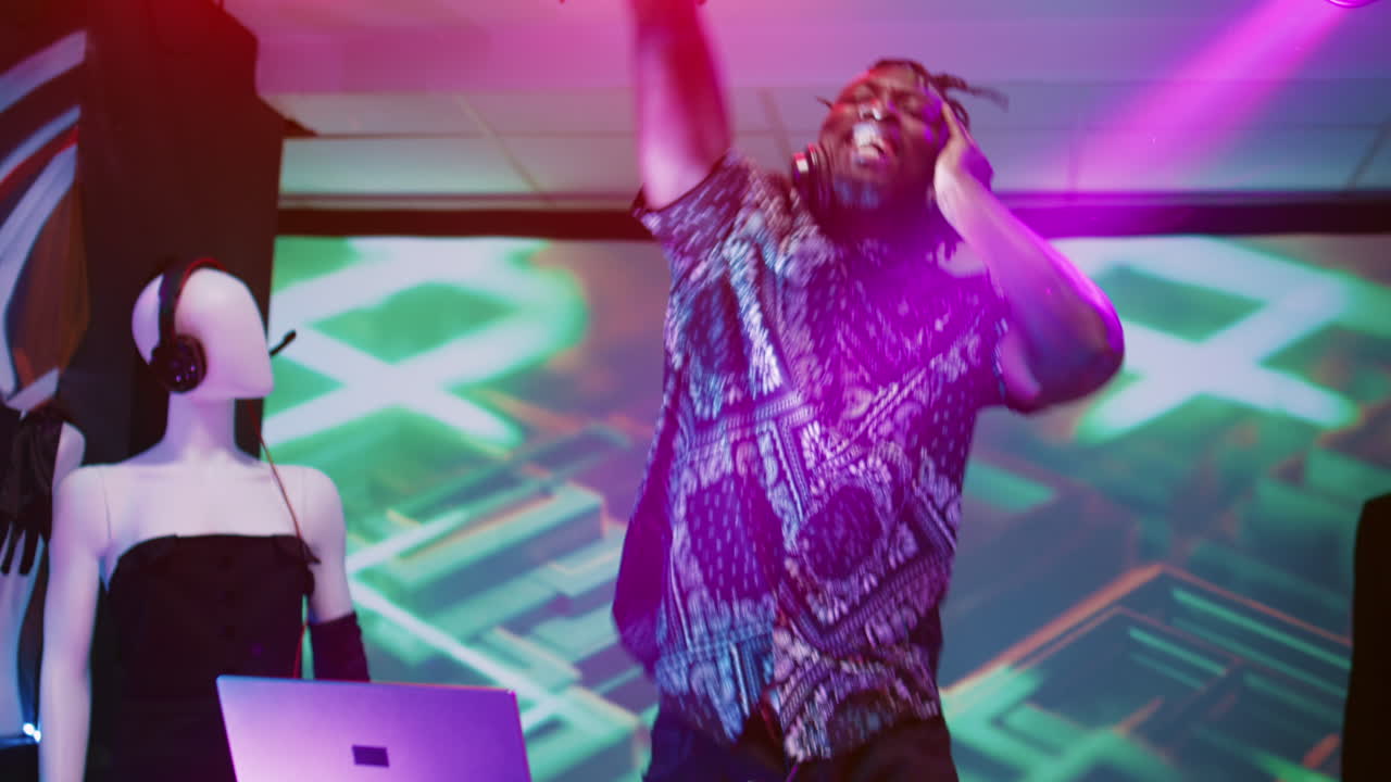 DJ playing music at a party with mannequins