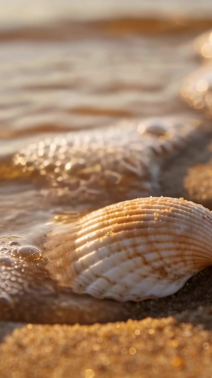 Vertical video: Advancing gentle wave lapping thin sea film wetting ridged bivalve shell on sand