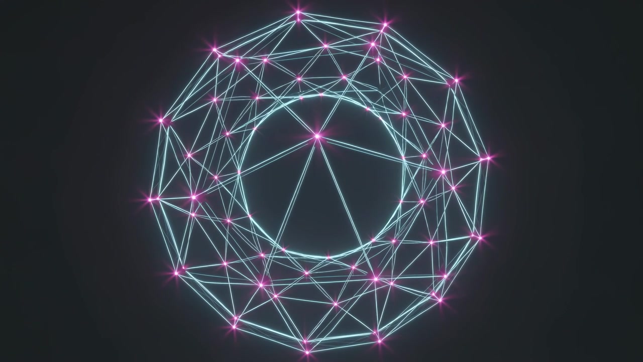 Rotating torus starting on loop, revealing shifting magenta nodes and radial spokes on dark canvas