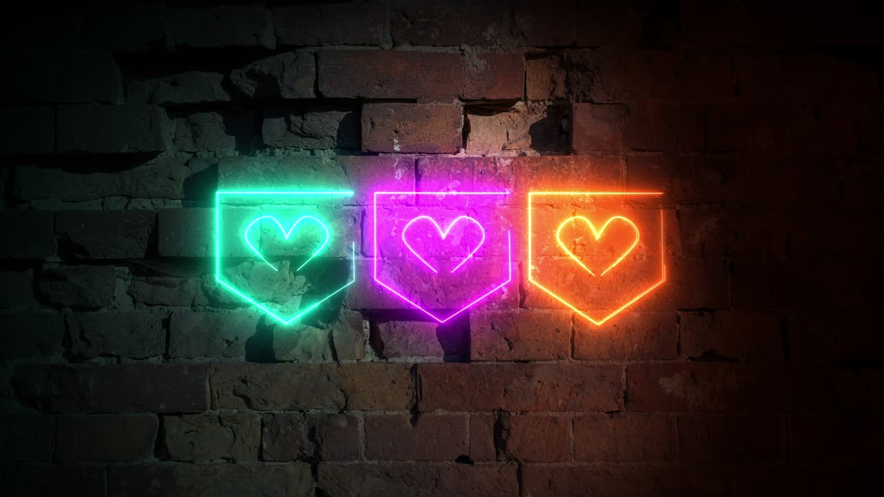 animación de un icono de corazón digital de neón parpadeante en el fondo de la pared de ladrillo