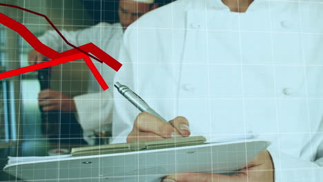 animación del procesamiento de datos estadísticos sobre el chef caucásico masculino escribiendo en el clipboard en la cocina.