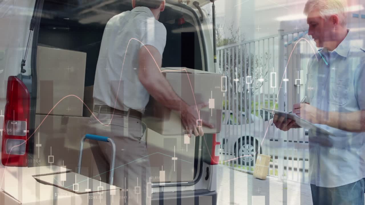 통계 및 금융 데이터 처리의 애니메이션 배달 남자와 밴