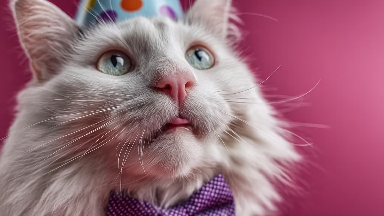 A Playful Cat Celebrating in Style with a Party Hat and Bow Tie, Capturing the Fun and Whimsical Spirit of Feline Festivities Against a Bright Pink Background