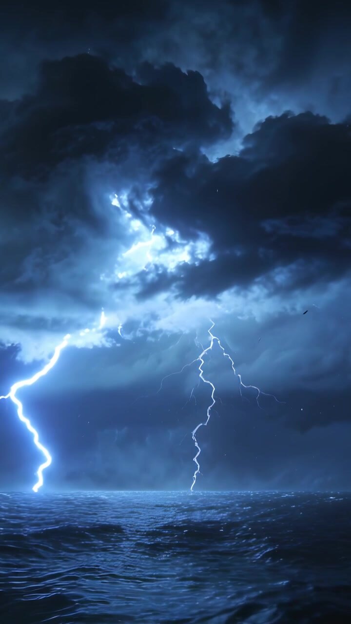 Video verticale: Nuvole che sprigionano fulmini che colpiscono l'oceano aperto e illuminano le onde agitate