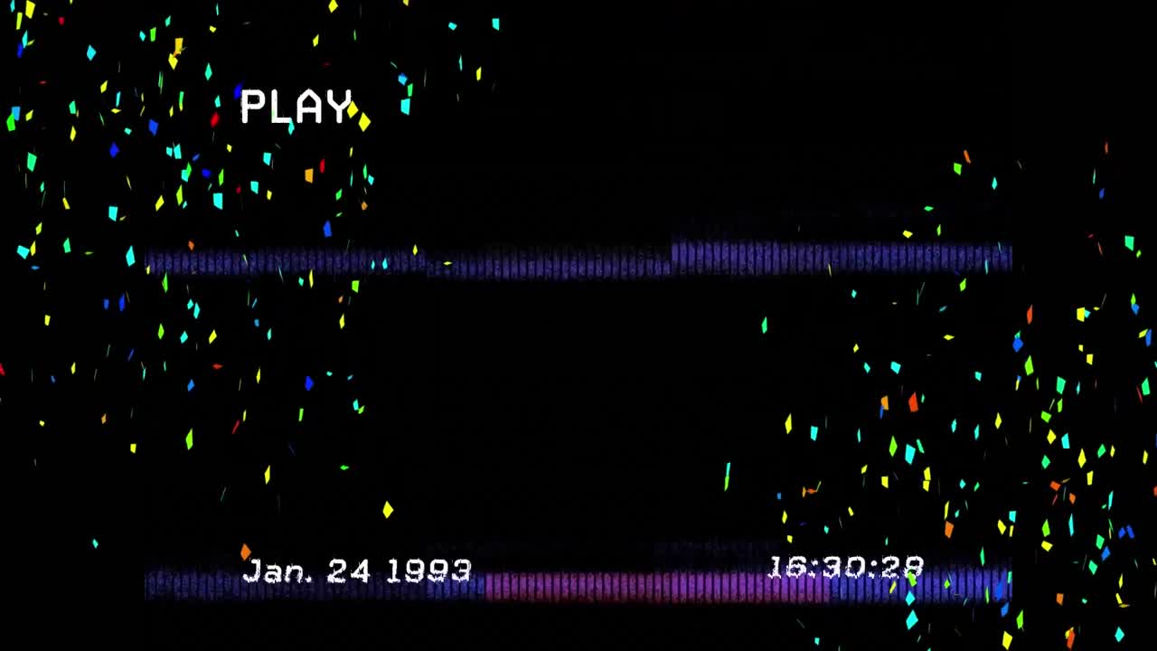 박이는 네온 직사각형의 애니메이션, 불꽃놀이 위의 디지털 인터페이스 텍스트