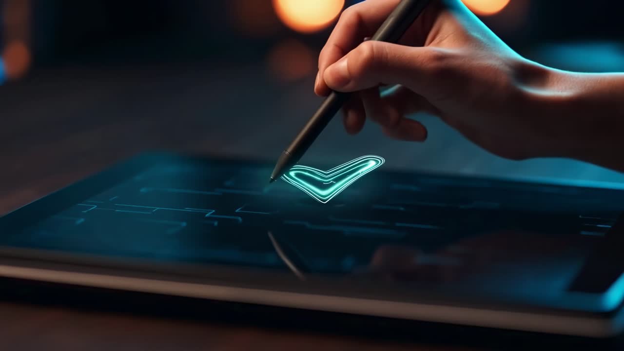 Mano che tocca lo schermo di un tablet digitale con uno stilo per confermare il segno di spunta