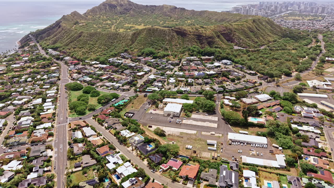 Aerial View of Diamond Head Above Honolulu Hawaii and Pacific Ocean, National Monument
