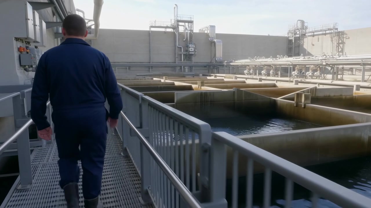 Rear view of worker in dark blue coveralls and boots walking along grated metal catwalk beside rectangular concrete basins with dark reflective water, pipework, railings, and utility structures