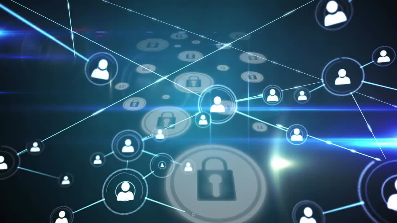 Digital animation of network of profile icons over multiple security padlock icon on blue background