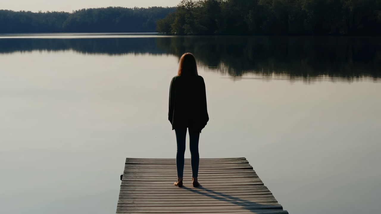 Silhouette Woman Standing On Wooden Dock, Calm Lake Reflection At Sunrise With Misty Treeline, Long Shadow