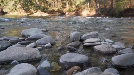 Toma-En-Cámara-Lenta-Del-Río-En-Movimiento-A-Lo-Largo-De-La-Costa-Rocosa