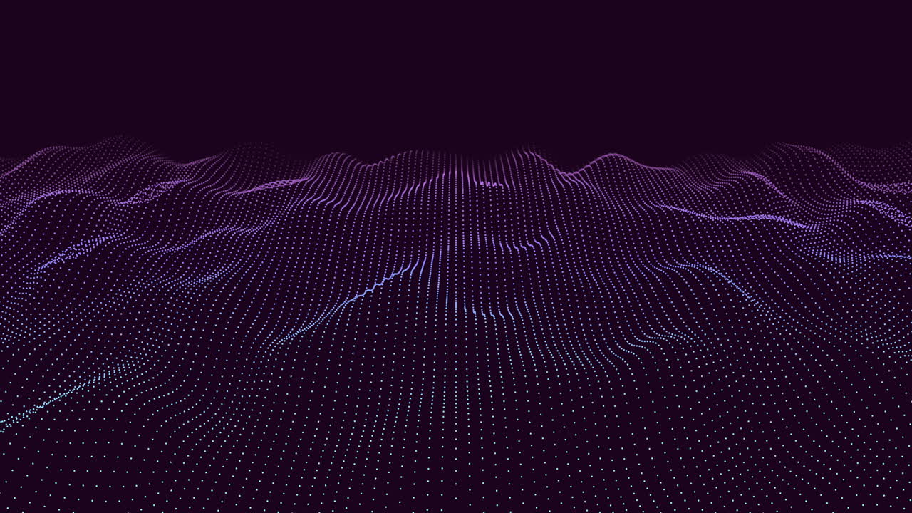 Abstract futuristic digital landscape made of glowing particles forming a dynamic wave grid on a dark background, ideal for technology, data, science and innovation themed video projects