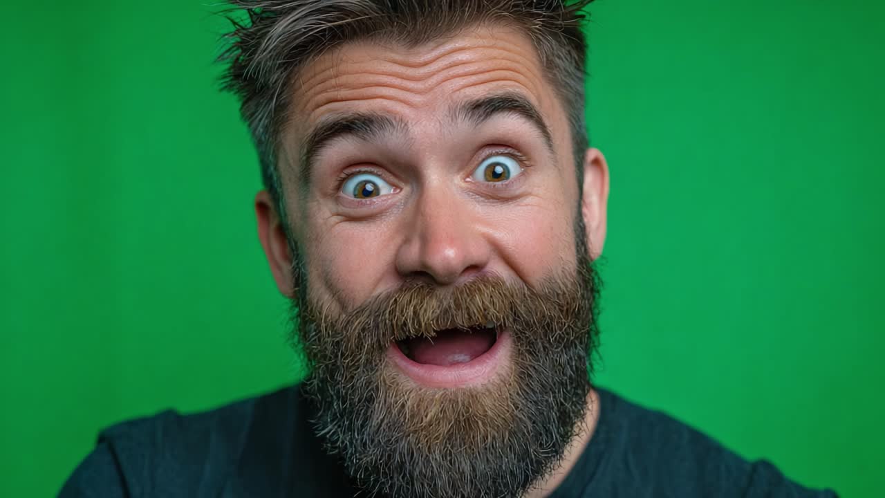 A Joyful Moment Captured: Expressive Close-Up Portrait of a Bearded Man with Enthusiastic Smile Against Vibrant Green Background