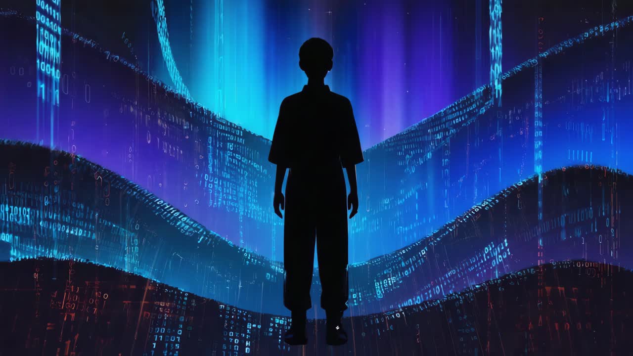 Silhouette against digital aurora