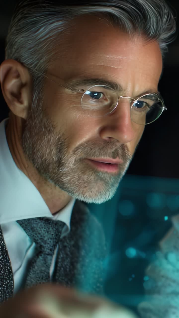 En profesjonelt utseende mann som intenst analyserer data på en futuristisk skjerm, og fremhever skjæringspunktet mellom teknologi og menneskelig innsikt i beslutningstaking