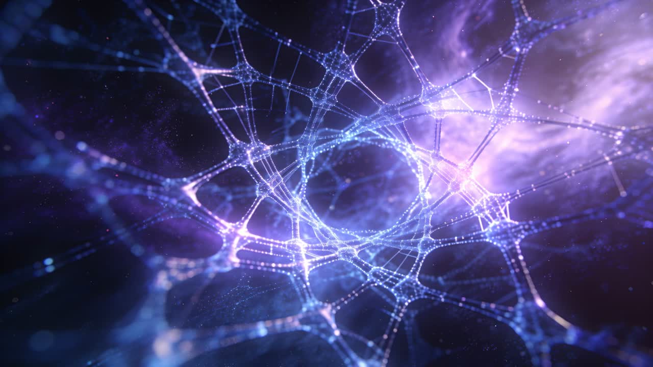 Pulsing glowing filament network sending particles in space, brightening and forming central ring