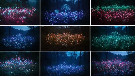 a mesmerizing display of illuminated flora: a journey through enchanting light patterns in a magical forest setting captured across two frames