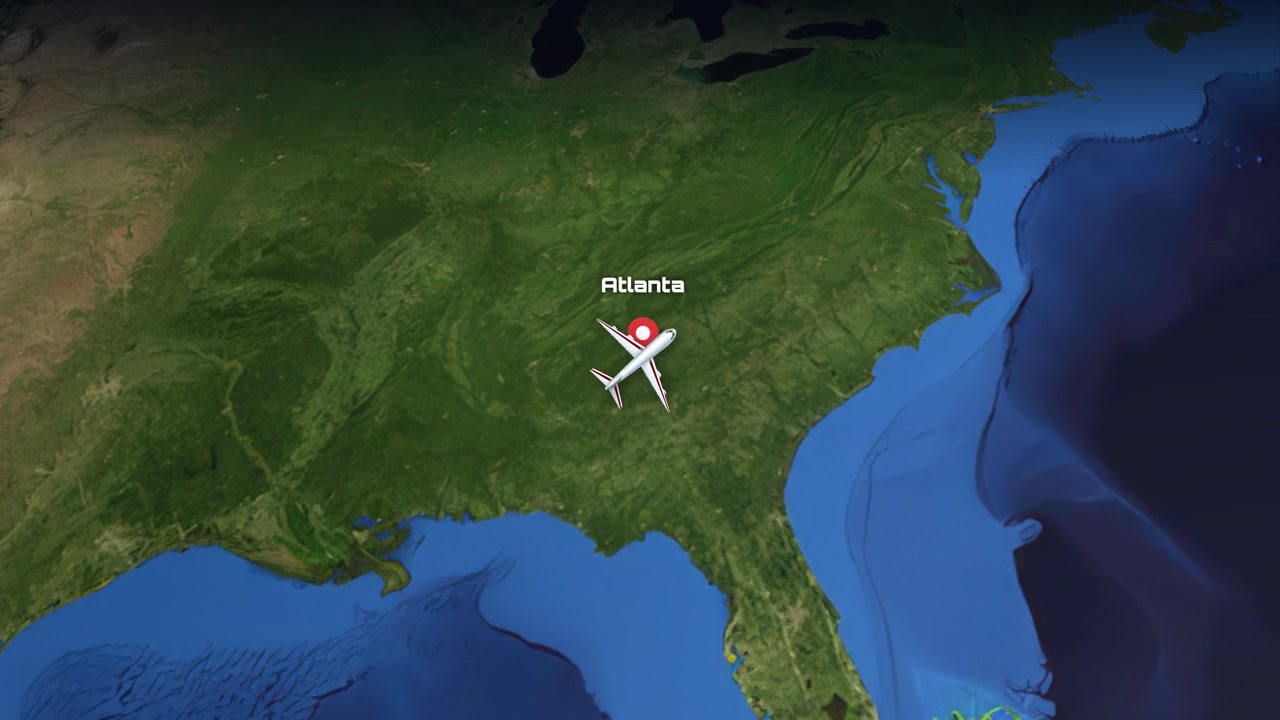 A digital airplane icon travels across a satellite map from Mexico City to Atlanta