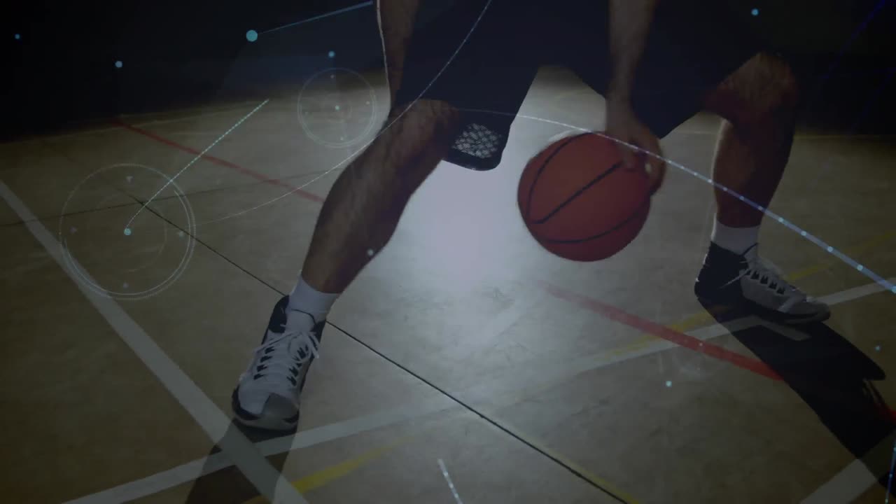 animación de redes de conexiones sobre el jugador de baloncesto masculino de raza mixta en el gimnasio