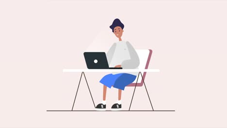 hombre, tipo está trabajando en la computadora portátil, computadora en la mesa. aparece y desaparece. freelance. bucle de animación plana 2d, videoclip