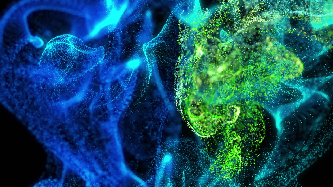 animación de vapores de partículas azules y verdes brillantes que se mueven sobre un fondo negro