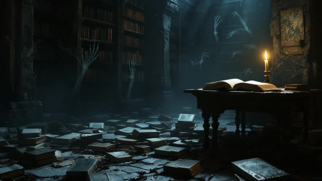Escena misteriosa de una biblioteca con luz de velas parpadeante que ilumina libros esparcidos y sombras.