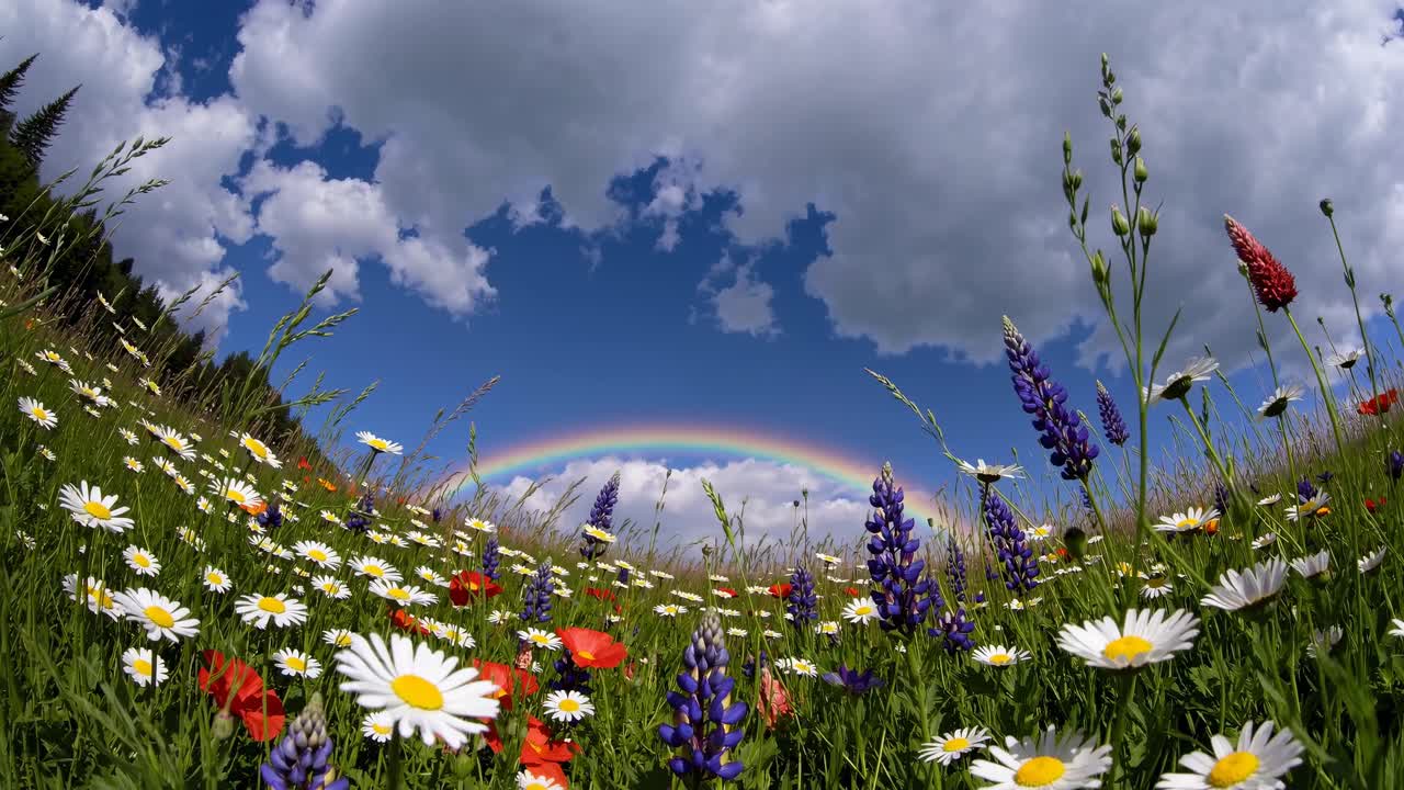 Vibrant wildflowers under a rainbow, captured from a low-angle, creating an immersive, dreamy