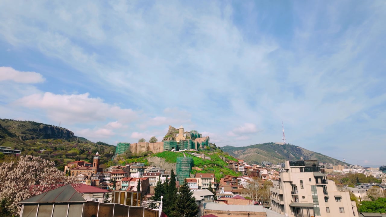 Ampia vista diurna di Tbilisi, Georgia, con la storica Fortezza di Narikala in cima a una collina verde e la moderna torre della TV della città sullo sfondo, circondata da edifici residenziali.