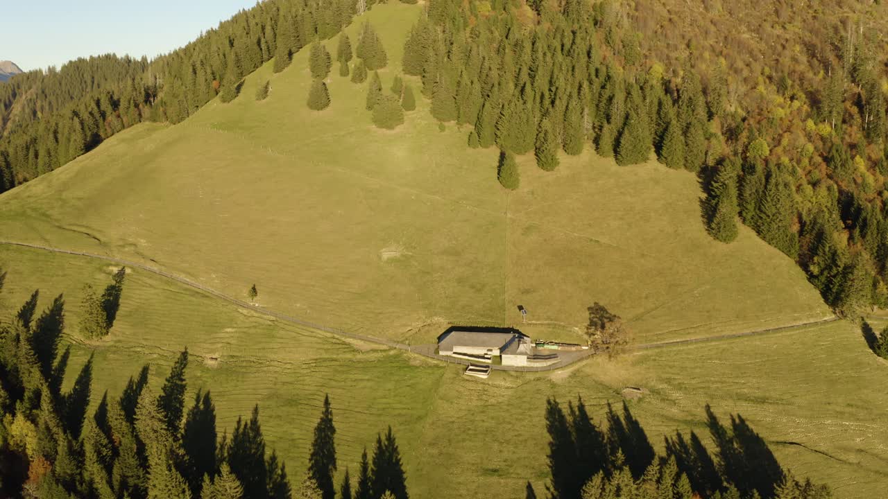 Aerial orbit around typical Swiss alpine pasture, autumn atmosphere at sunset. "Le Folly", Vaud - Switzerland