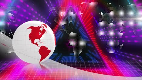 animation of neon triangular shapes in seamless pattern against spinning globe and world map