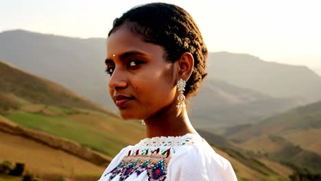 hermosa mujer india con ropa tradicional de pie en un paisaje de montaña