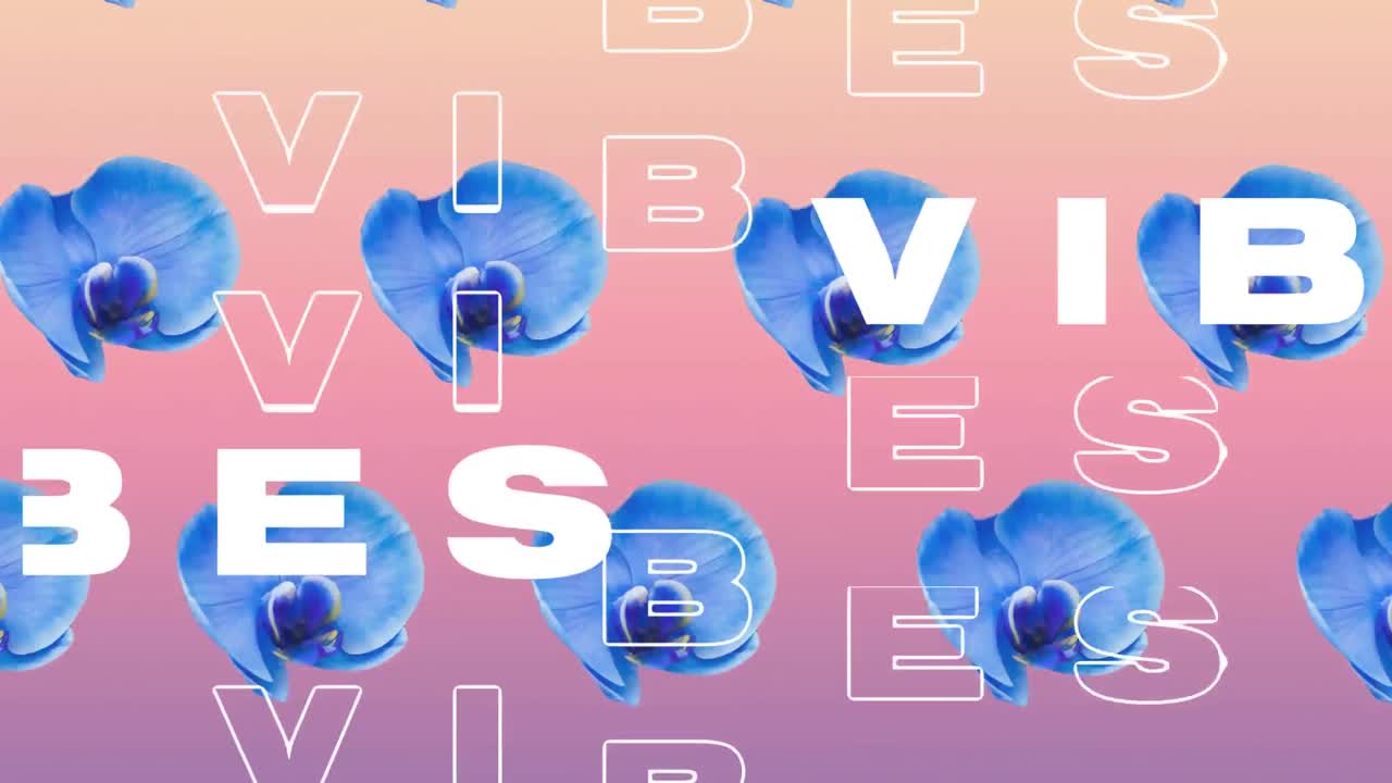 animación de texto de vibraciones con flores azules sobre fondo rosa