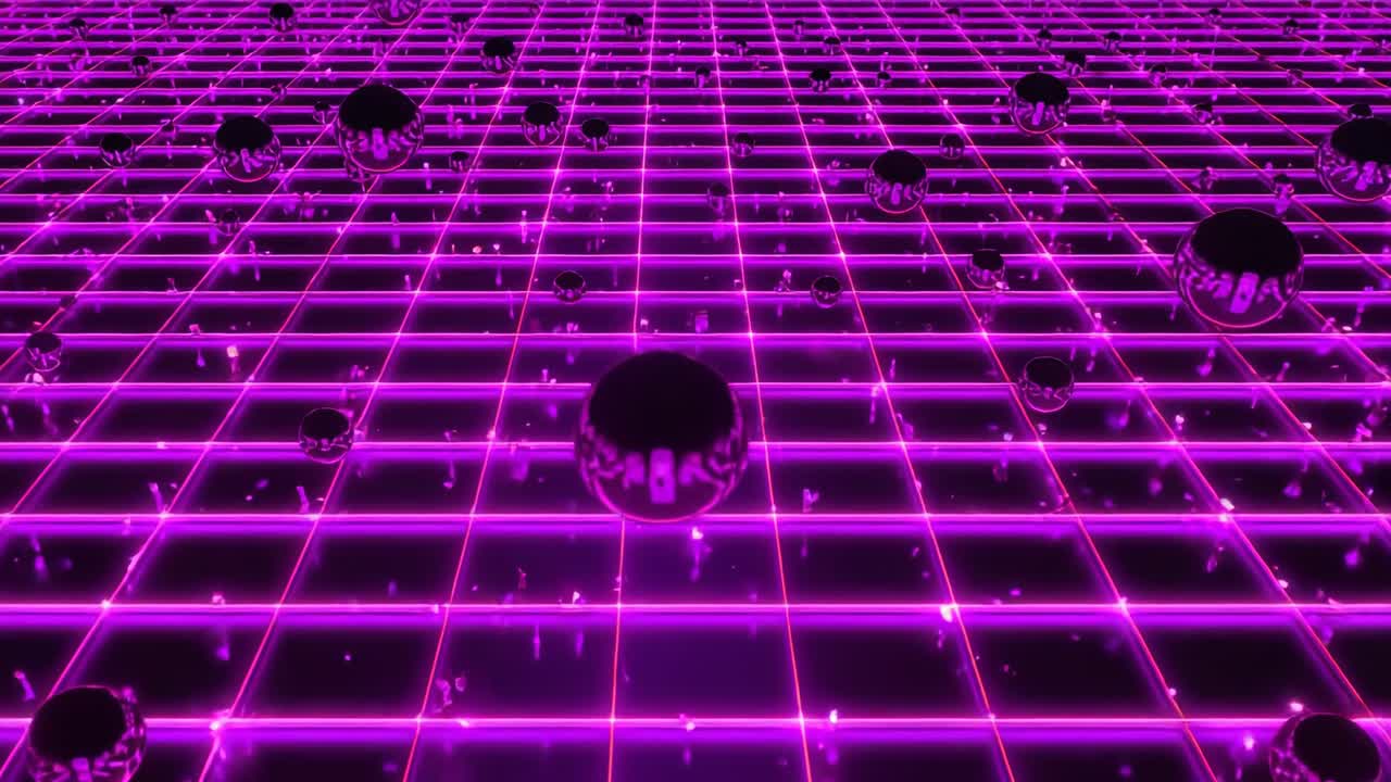 Starting reflective sphere moving forward then drifting back magenta grid, showing reflections