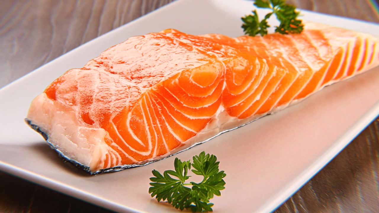 Filé de Salmão Fresco Cru com Guarnição de Salsa em Prato Branco