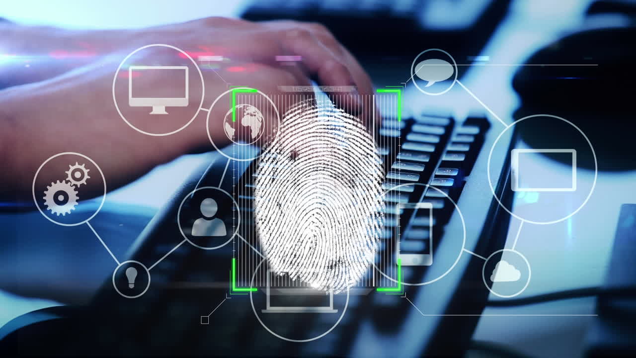 Fingerprint scanner and network icons against person typing on keyboard