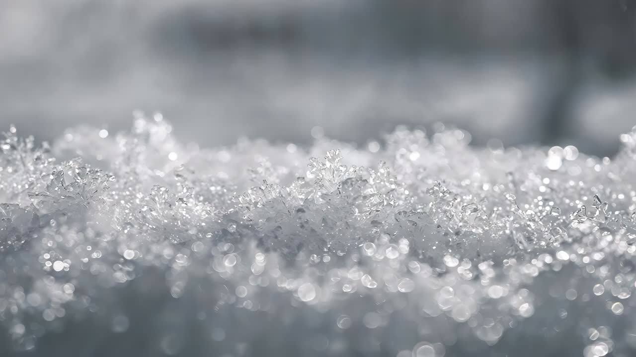 Shifting focus revealing frost crystals scattering light on frost-covered ground, creating sparkles