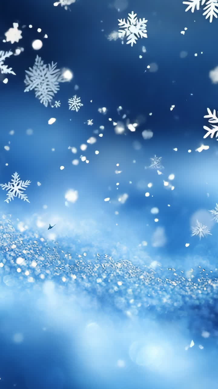 A blue sky with snowflakes falling on it. The snowflakes are small and ...