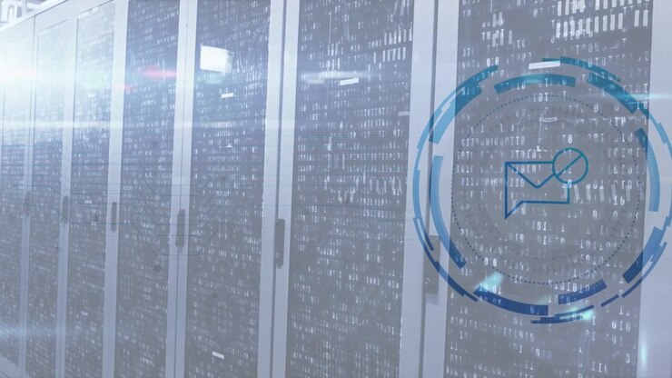 Server racks filling IT flare sweeping starting HUD growing mail icon rings rotating showing alert