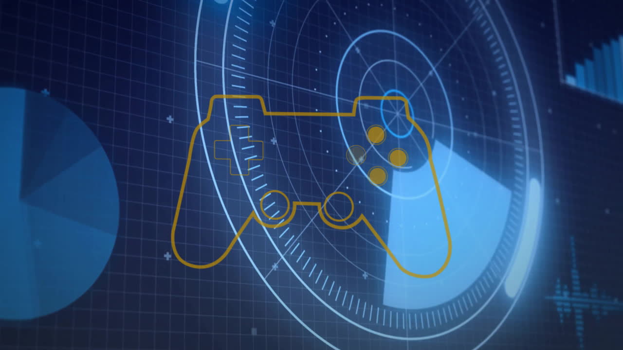 Digital animation of game controller outline with futuristic circular patterns