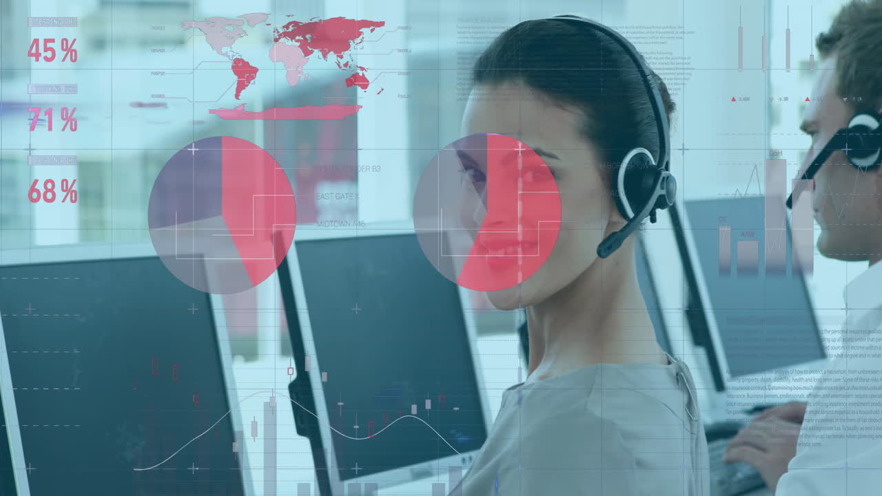 animación de estadísticas y gráficos que se mueven en la cuadrícula sobre el grupo de trabajadores del centro de llamadas